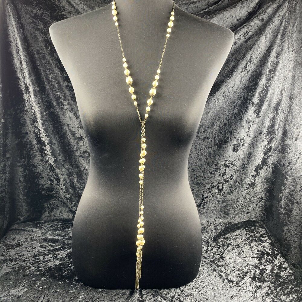 Vintage Flapper 20s Style Lariat Open 56 in Chain Faux Pearl Necklace Tassel - Picture 7 of 8